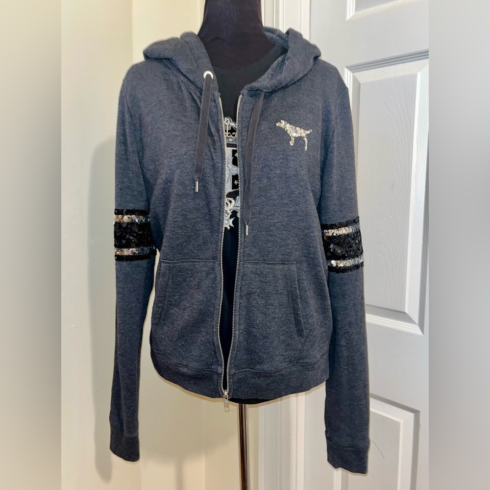 PINK Victoria Secrest Women's Gray Hoodie with Black / Silver Sequin Accents